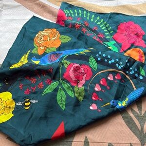 Karen Mabon Colorful Floral, “K” and Bird Print Silk Scarf